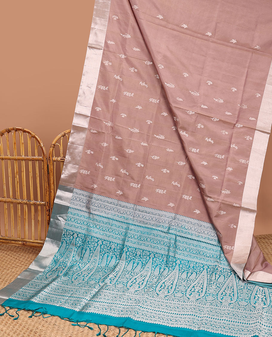 Brown soft silk saree with leaf buttas, bavanji border & contrast pallu of intricate designs