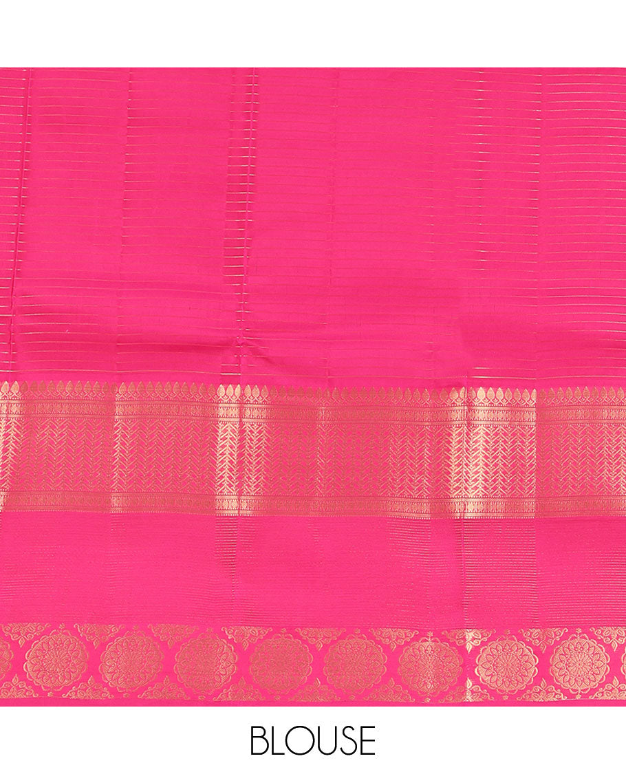 Pink Vasundhara Lite Silk Mix Saree, Richly Detailed with Zari Buttas and Checks, Highlighted by Zari Border of Thilakam Mokku, Muthu, Rudraksham, and Chakram Designs, Majestically Detailed Pallu, and Paired with a Matching Blouse
