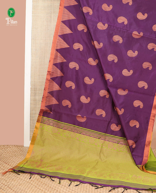 Wine screen print micro silk saree with saree with copper zari border & screen print pallu along with plain blouse