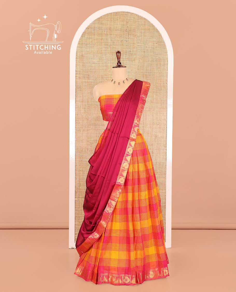 Yellow-Pink Chettinad Cotton Half Saree Features Checked Skirt, a Traditional Zari Border, a Matching Blouse, and a Contrast Dhavani