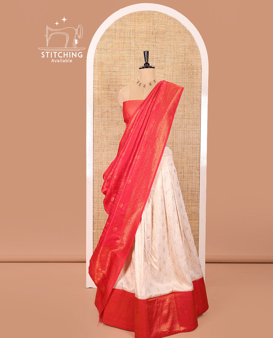 Cream and Red Banaras Softy Half-Saree Featuring Jacquard Design All Over the Skirt, Graced with a Contrast Geometric Zari Design Border, Paired with a Jacquard Blouse, and a Banaras Softy Dhavani with Floral Jaal Jacquard Design