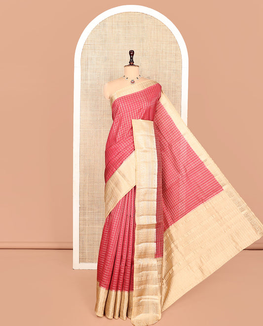 Red Semi-Banarasi Dupion Saree, Majestically Detailed with Zari Checks, a Contrast Traditional Zari Design Border, Striped Pallu, and a Contrast Blouse