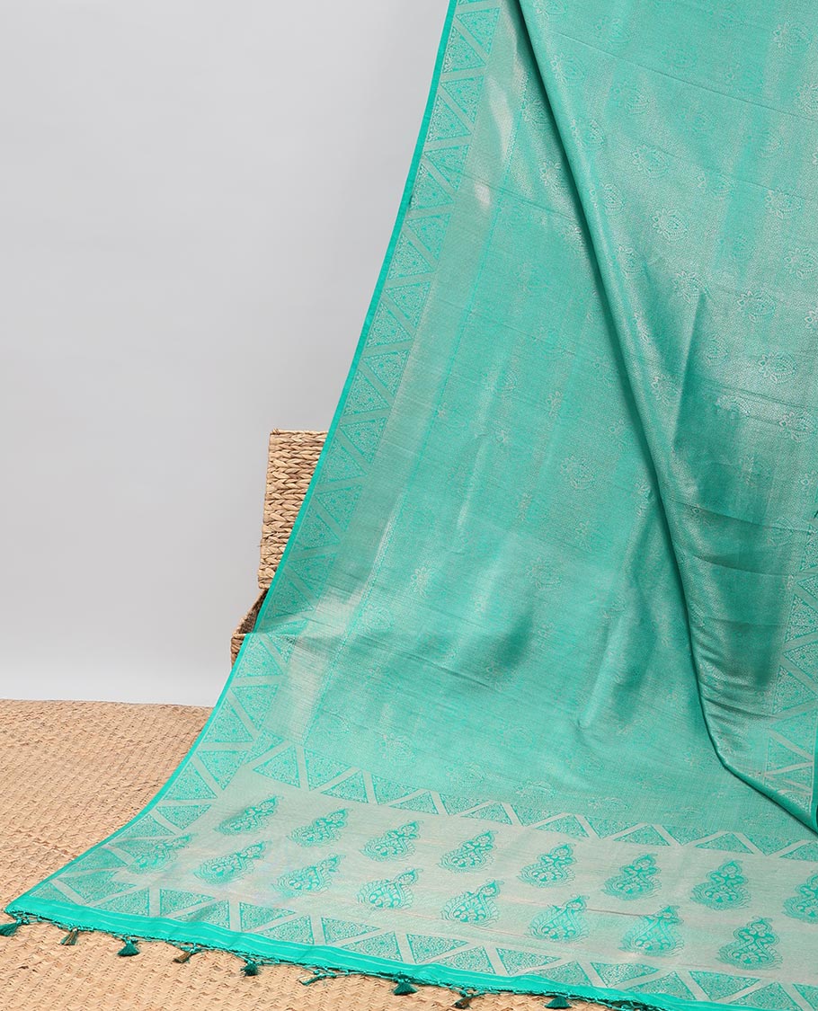 Blue floral jacquard softy saree with self geometric zari design border & intricate zari design pallu