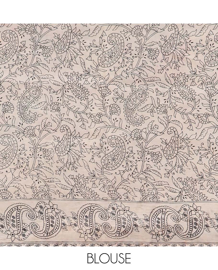 Green floral vine design machine printed kalamkari cotton saree with contrast floral border & pallu of peacock design