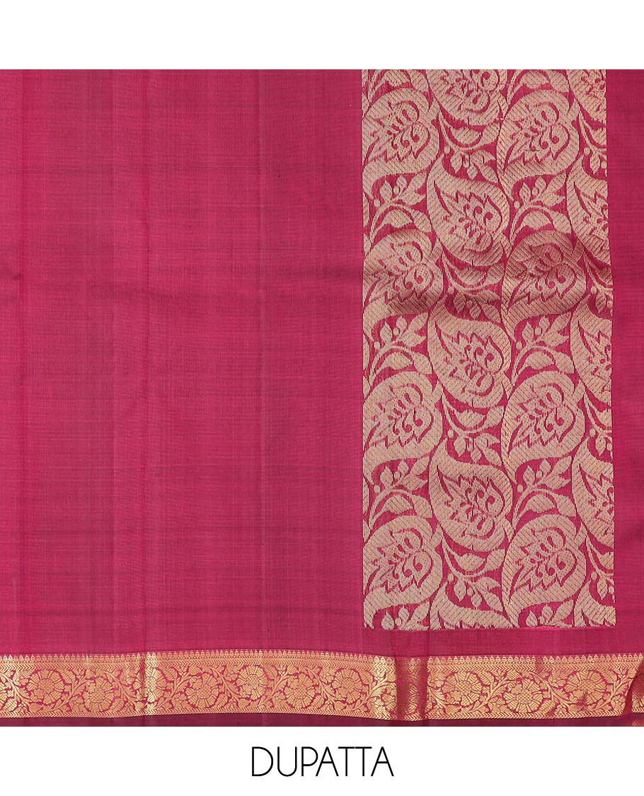 Green floral jacquard pure half silk saree with contrast zari border,  contrast zari design blouse & plain with zari border dhavani