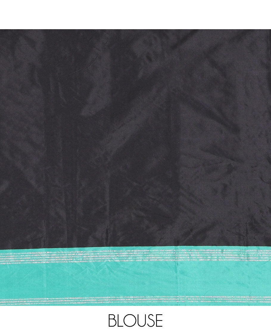Black Plain Semi-Soft Silk Saree, Complemented by a Contrast Zari Striped Border, Pallu Features Stripes, and Paired with a Matching Blouse