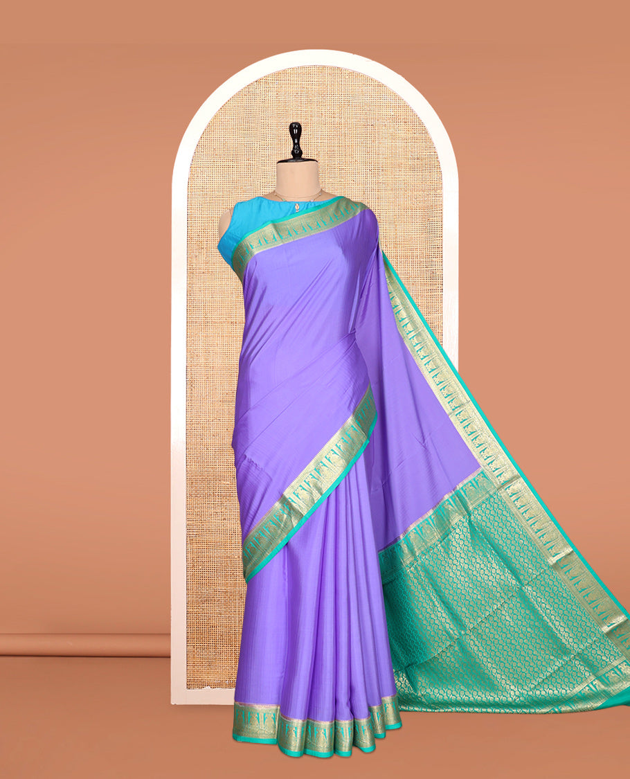 Lavender Plain Mysore Silk Saree, Complemented by a Contrast Two-Headed Bird Motifs Woven Zari Border, Intricate Pallu, and a Contrast Blouse