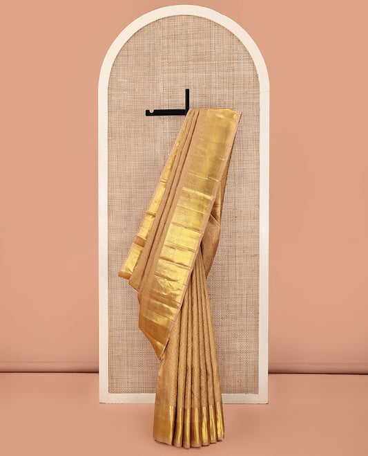 Gold Kanchipuram Wedding Silk Saree, Delicately Woven with Jacquard Design On Its Body, Highlighted by Zari Border of Manga Moklu, Manga, and Mayil Designs, Grand Pallu and Paired with Matching Blouse