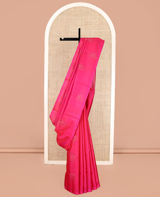 Borderless Pink Mayuri Soft Silk Saree, Graced with Buttas, Subtly Sparkled Pallu, and a Matching Blouse