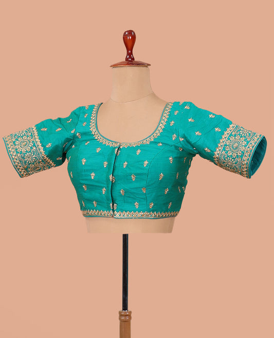 Turquoise intricate motifs thread embroidered front-back round neck elbow sleeve blouse