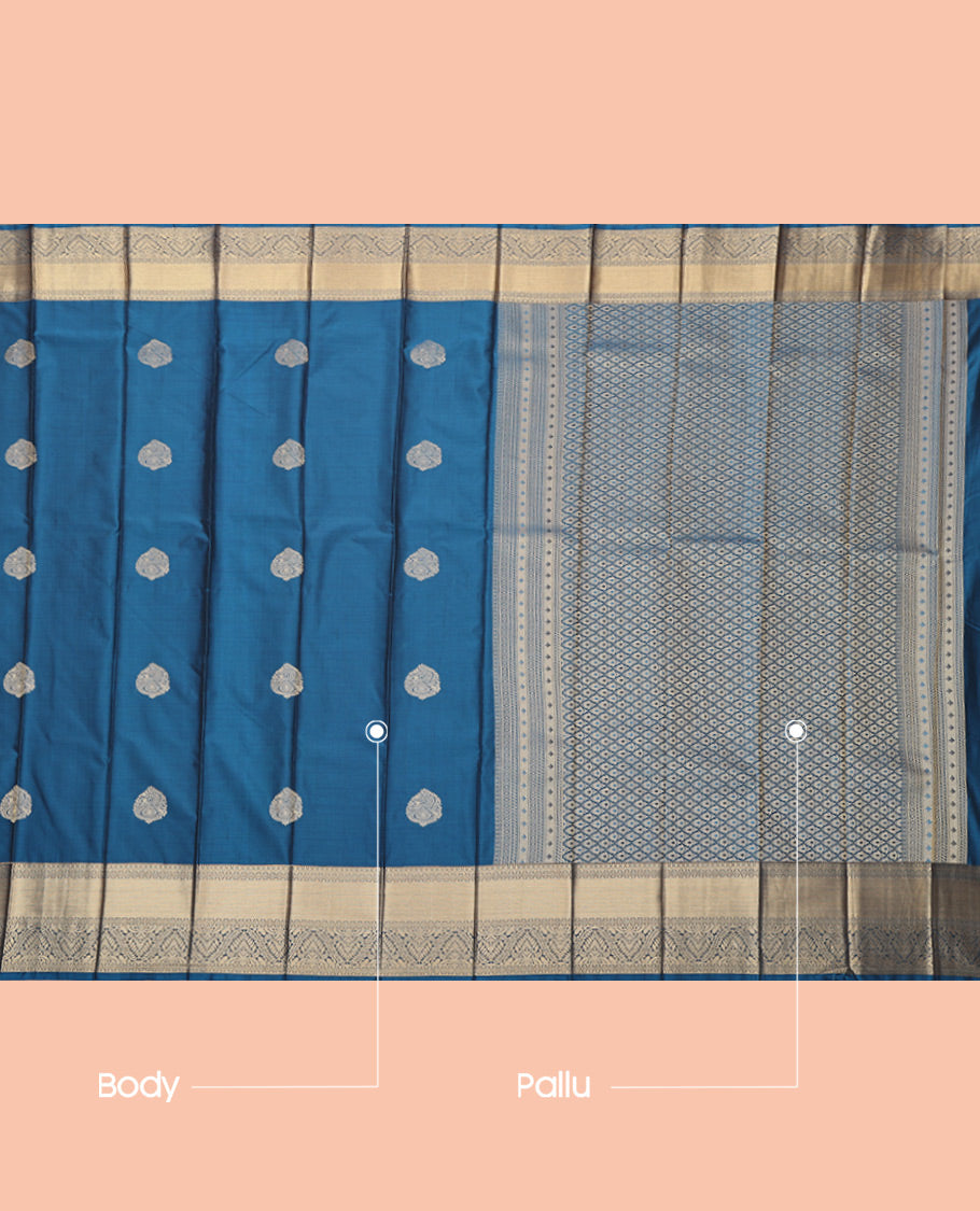 Peacock Blue Budget Silk Saree, Delicately Woven with Zari Buttas, Highlighted by a Traditional Zari Border, Jaal Pallu, and Matching Blouse