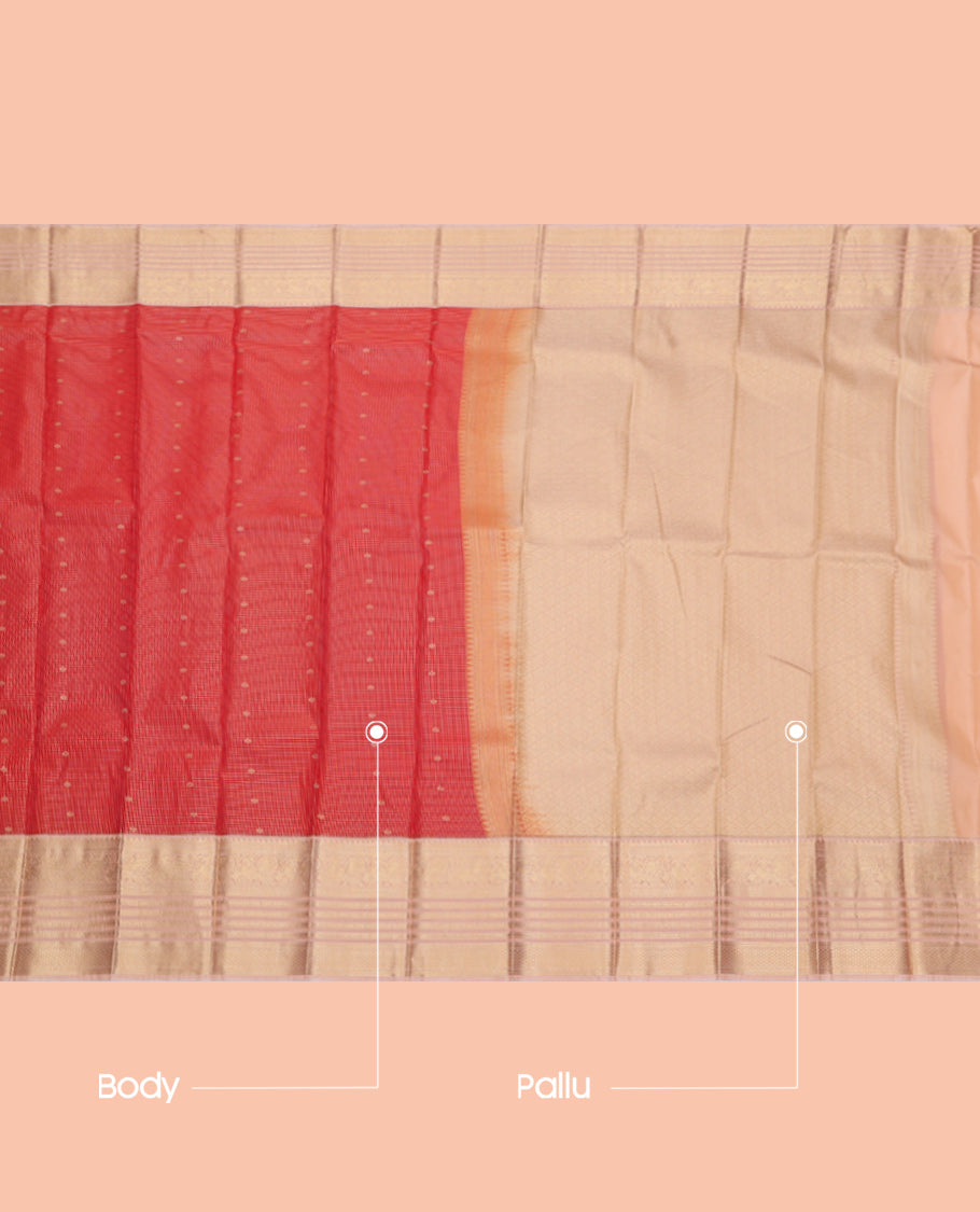 Red Budget Silk Saree, Gleamed Up with Zari Buttas and Checks, Complemented by Contrast Traditional Zari Border, Jaal Pallu, and a Contrast Blouse