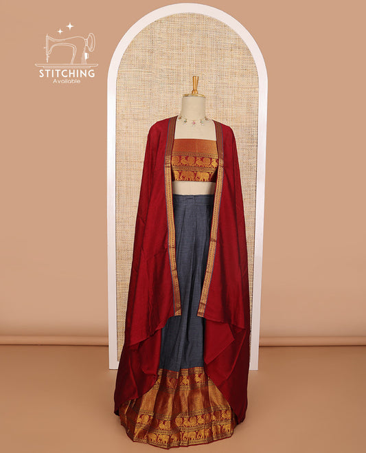 Dark grey cotton half saree with contrast intricate zari design border, zari design blouse & plain, zari design border dhavani