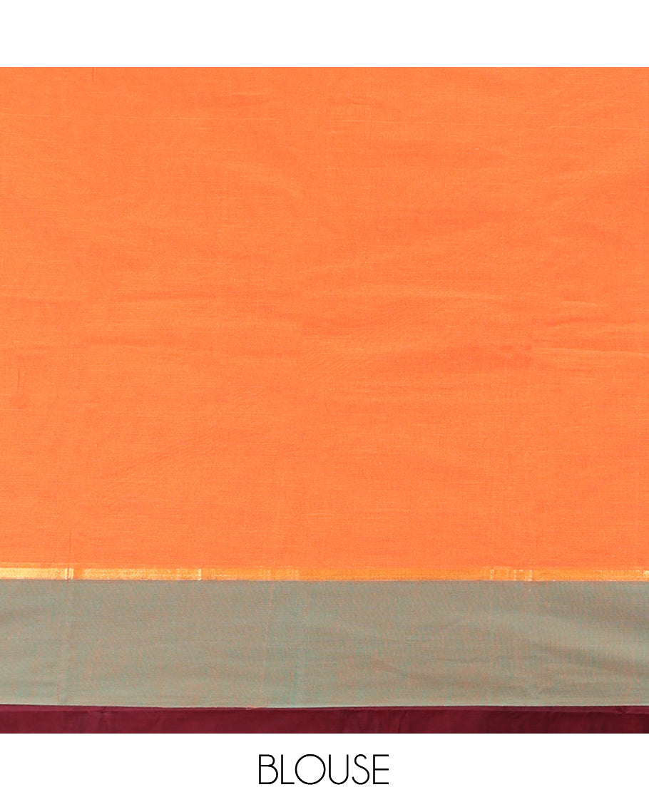 Orange Kanchi Cotton Saree, Adorned with Buttas on Its Body, Complemented by a Contrast Unique Design Border, Jaal Design Pallu, and a Matching Blouse