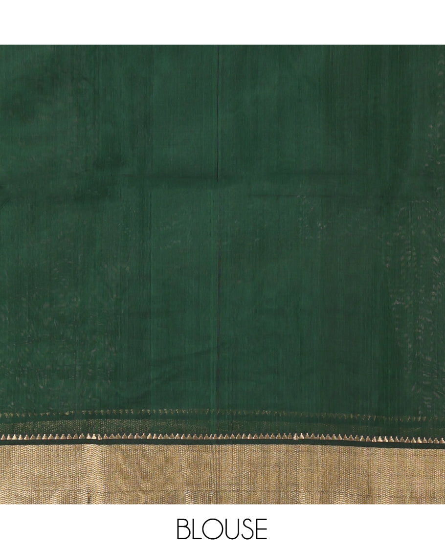 Green Maheshwari Cotton Saree, Elevated with Buttas, Highlighted by a Traditional Zari Border, Pallu of Paisleys, and a Matching Blouse