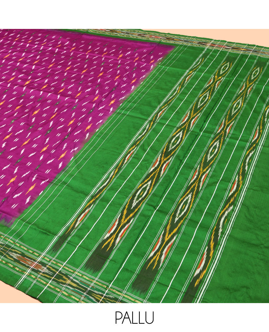 Purple Pochampally Ikat Silk Saree, Elevated with Ikat Buttas, Complemented by a Contrast Ikat Border, Ikat-Style Pallu, and No Blouse