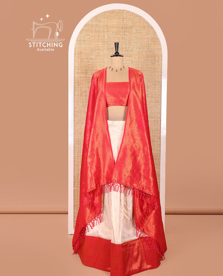 Cream and Red Banaras Softy Half-Saree Featuring Jacquard Design All Over the Skirt, Graced with a Contrast Geometric Zari Design Border, Paired with a Jacquard Blouse, and a Banaras Softy Dhavani with Floral Jaal Jacquard Design