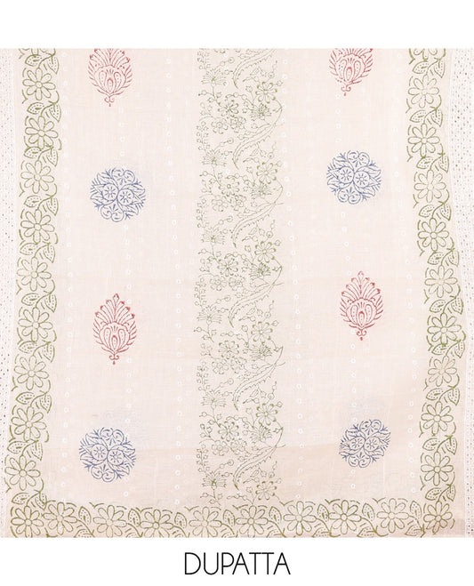 Mehendi Cotton Material Chudidar, Floral Printed Hakoba Top, a Contrast Bottom, Print-Hakoba Dupatta
