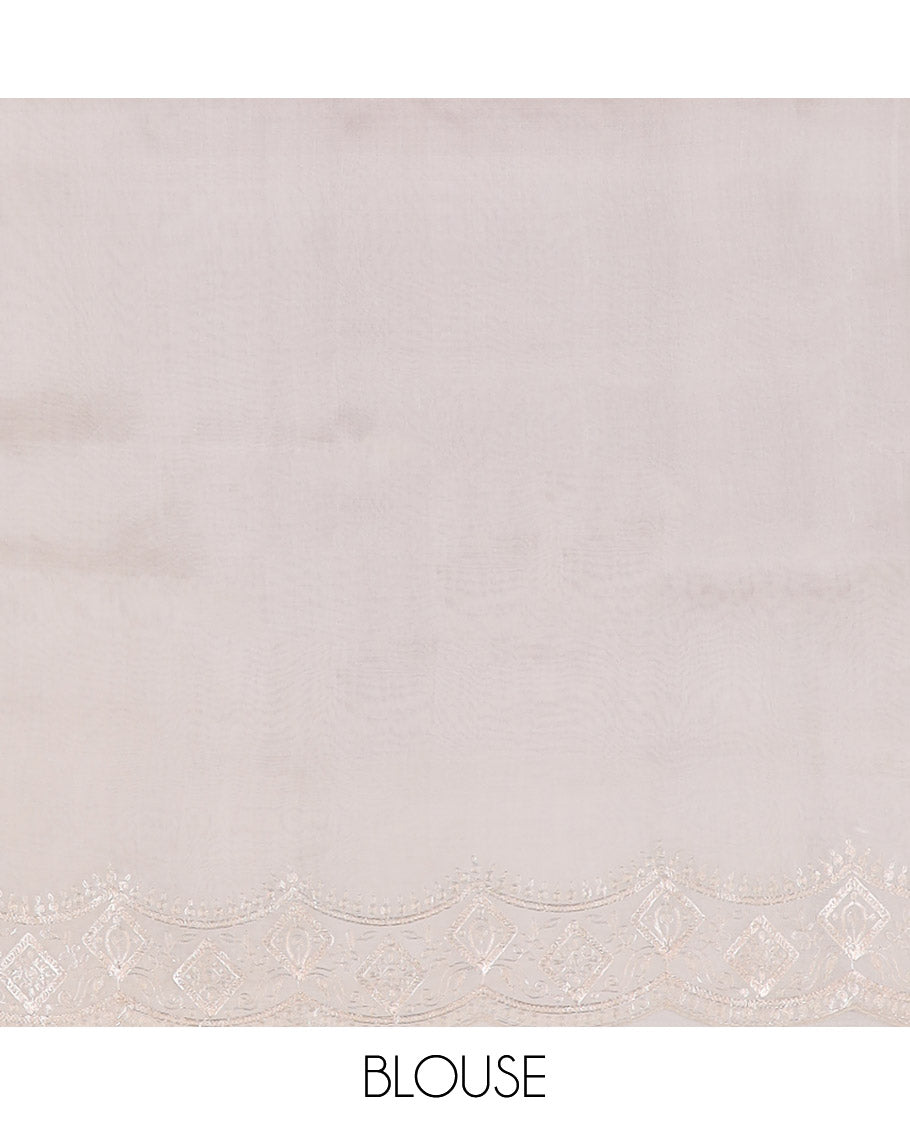 Cream rose motifs organza saree with self embroidery, scallop border