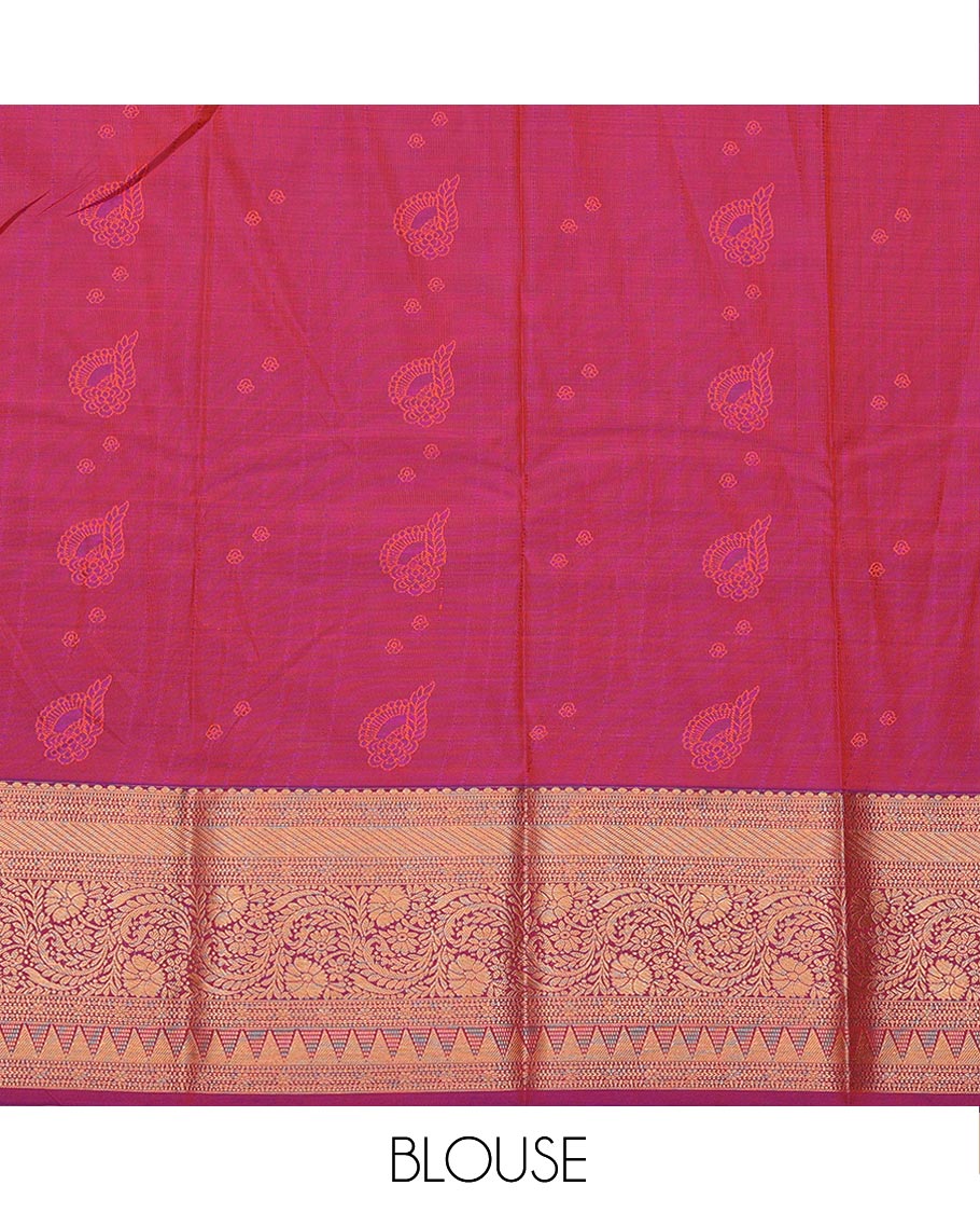 Orange Art Silk Pavadai Material Set, Charmingly Accented with Zari Designs on Its Skirt, Complemented by a Contrast Traditional Zari Design Border, and Paired with a Contrast Blouse