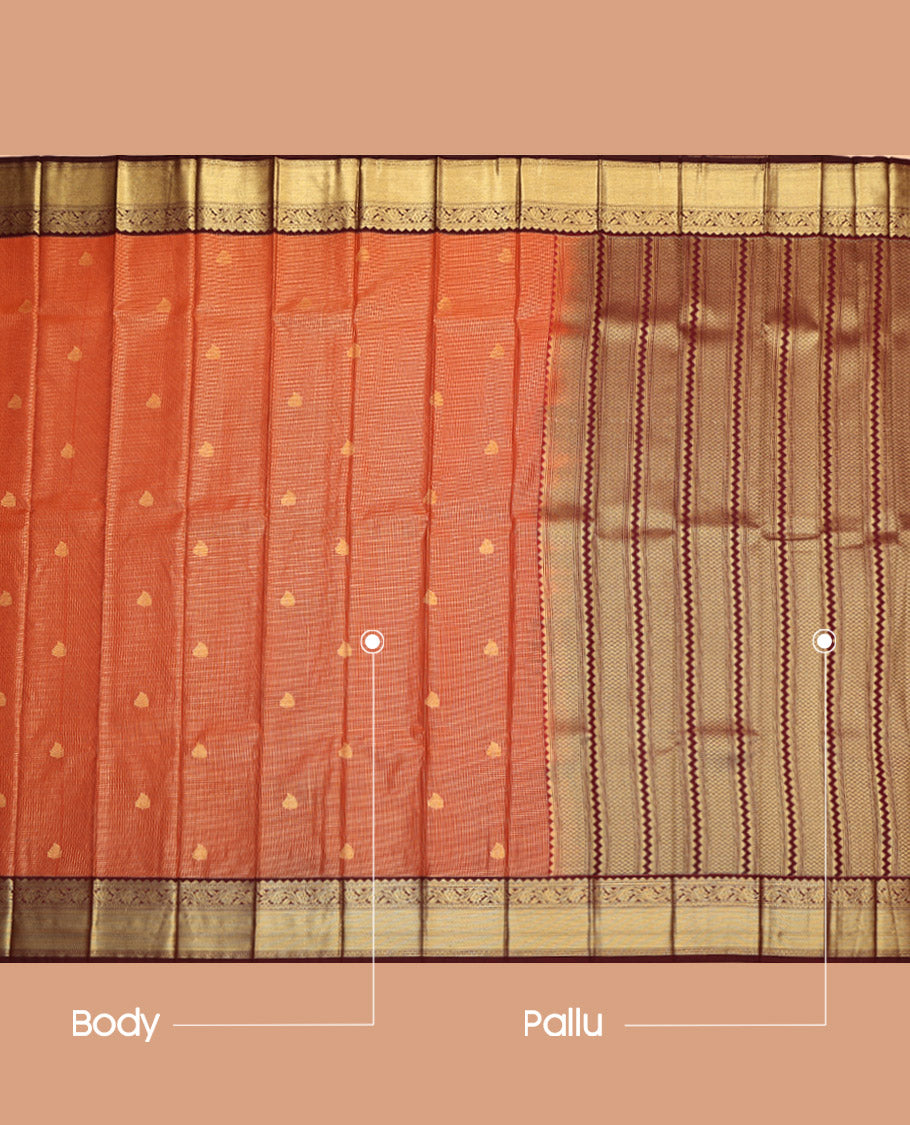 Dark Orange Budget Silk Saree, Finely Crafted with Zari Buttas and Micro-Checks, Contrast Traditional Zari Border, Geometric-Patterned Pallu, and a Contrast Blouse