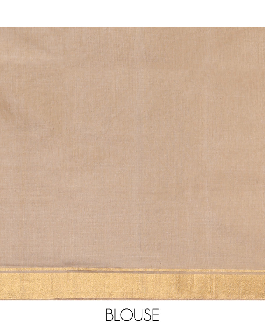 Cream Chanderi Cotton Saree, Graced with Buttas All Over Its Body, Highlighted by a Bavanji Border, Captivating Contrast Pallu of Floral Jaal Designs, and Paired with a Contrast Blouse