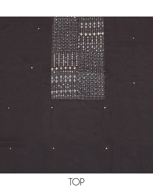 Black Cotton Material Churidar Set, Decorated with Sequins Work and Embroidered Top, Printed Bottom, and a Geometric Printed Dupatta