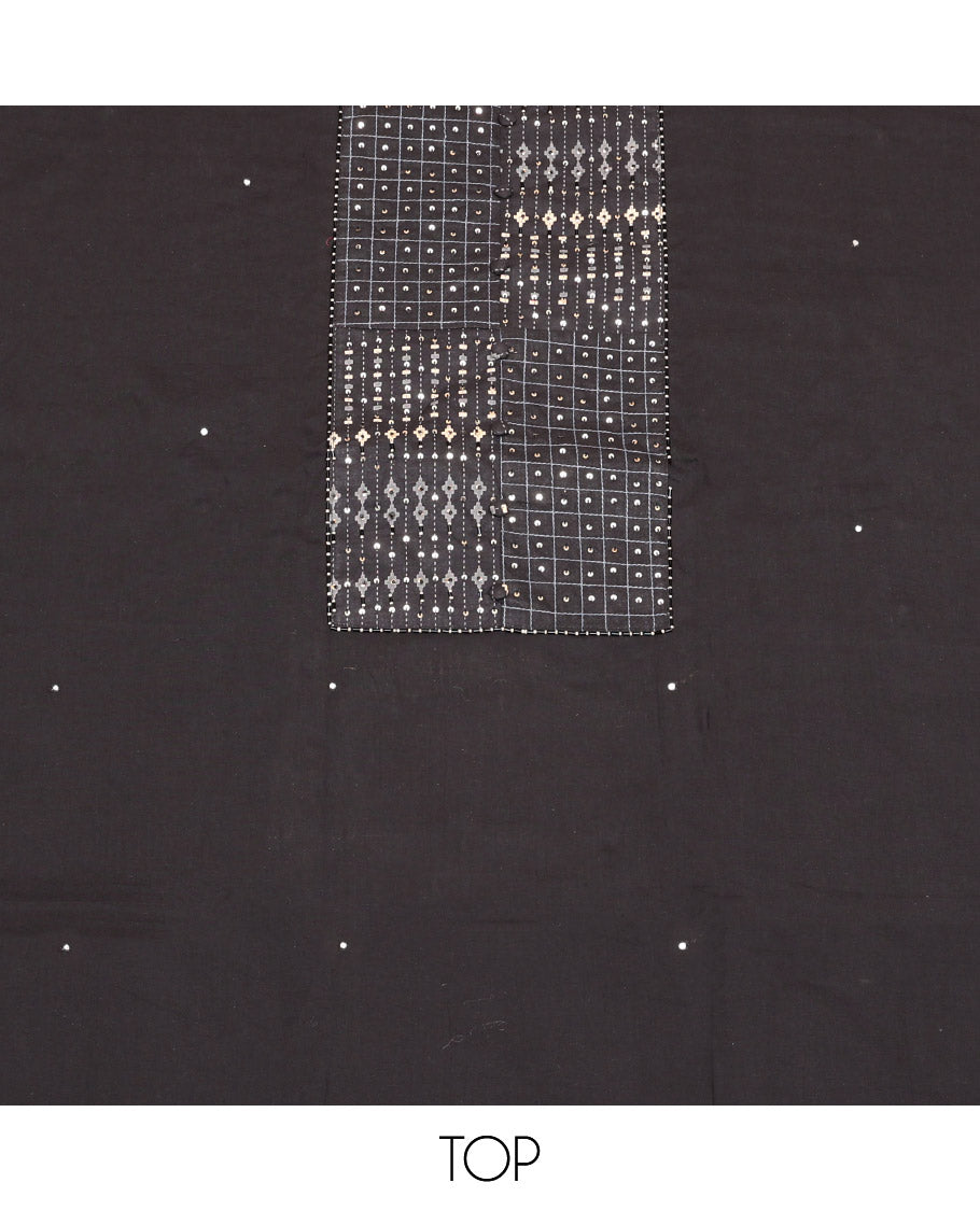 Black Cotton Material Churidar Set, Decorated with Sequins Work and Embroidered Top, Printed Bottom, and a Geometric Printed Dupatta