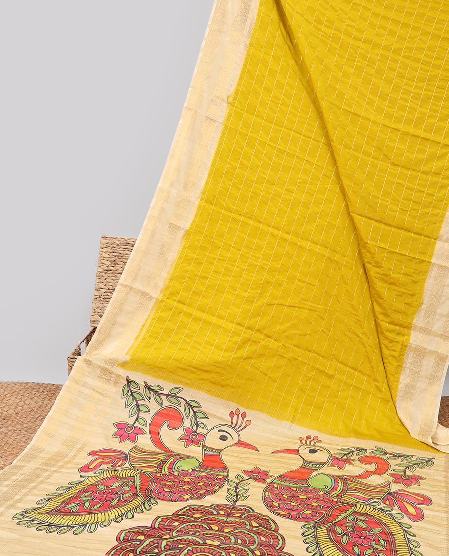 Yellow striped zari mysore silk saree with contrast striped zari design border & peacock design pallu