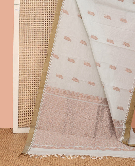 Off-White Kanchi Cotton Saree, Prettified with Peacock Buttas All Over Its Body, Complemented by Contrast Border, Pallu of Jaal Designs, and Paired with a Matching Blouse