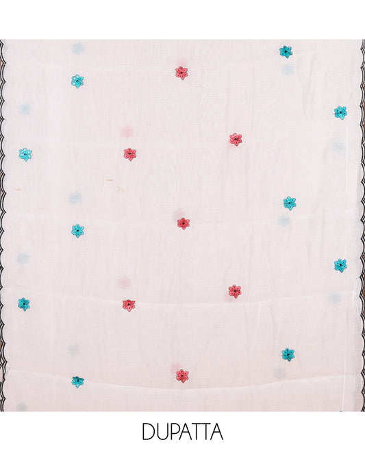 Cream-Pink Mul Chanderi Material Chudidar, Floral Embroidery Top, Matching Bottom, Floral Embroidery Dupatta