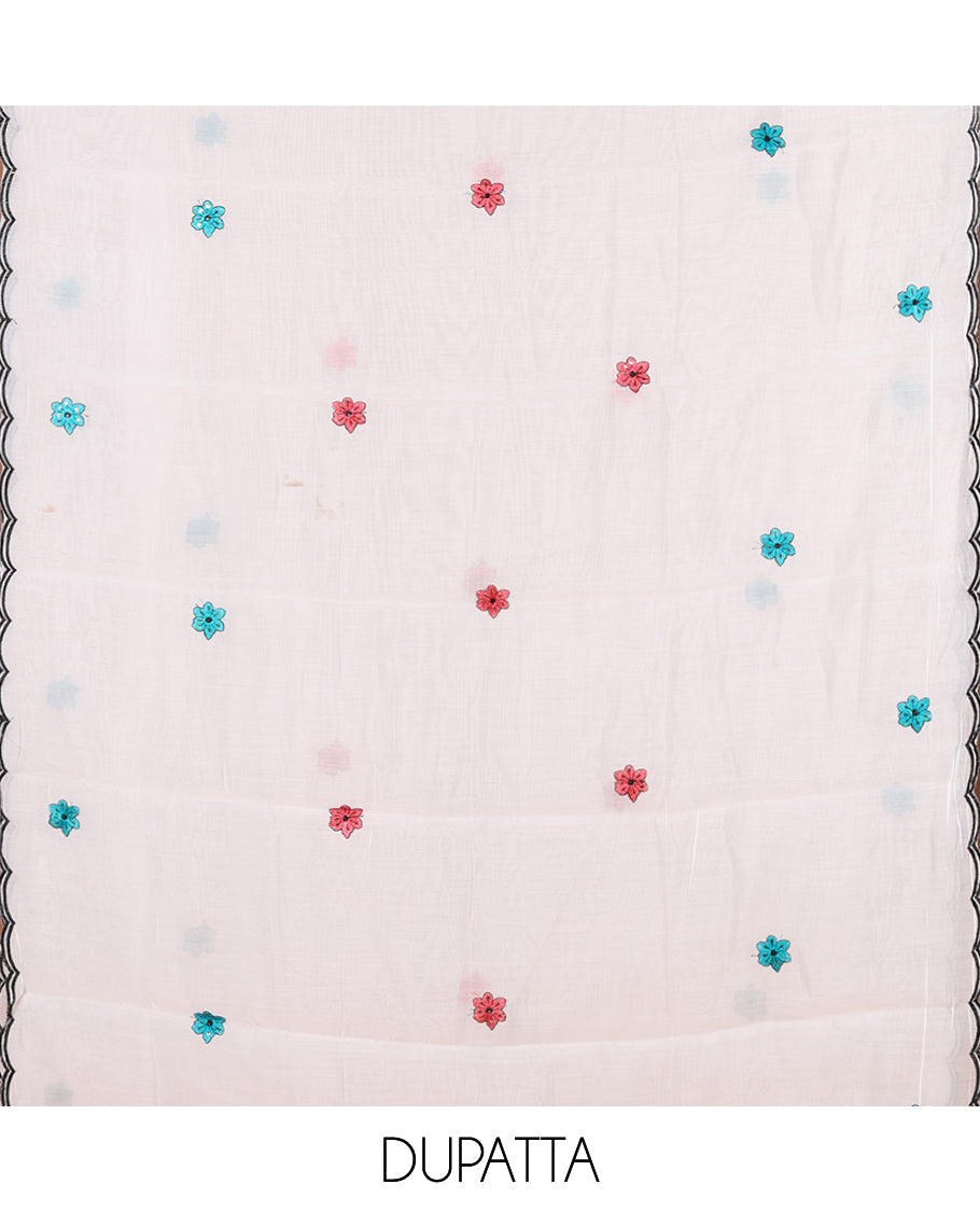 Cream-Pink Mul Chanderi Material Chudidar, Floral Embroidery Top, Matching Bottom, Floral Embroidery Dupatta