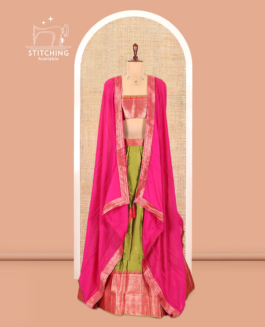 Parrot Green-Rani Pink Semi-Silk Half-Saree, Zari Buttas Skirt, Contrast Traditional Zari Border, a Matching Blouse, a Contrast Blouse