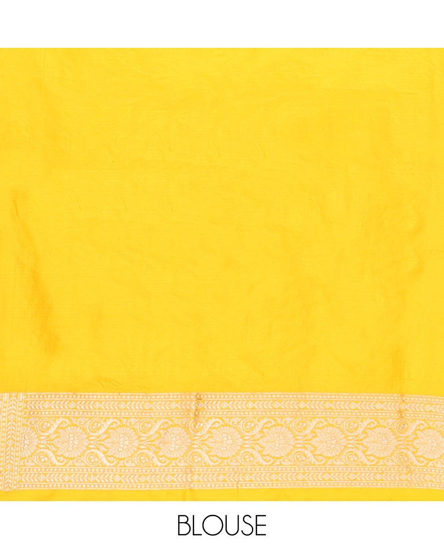Yellow floral jacquard banaras silk saree with self intricate zari border & floral zari design pallu