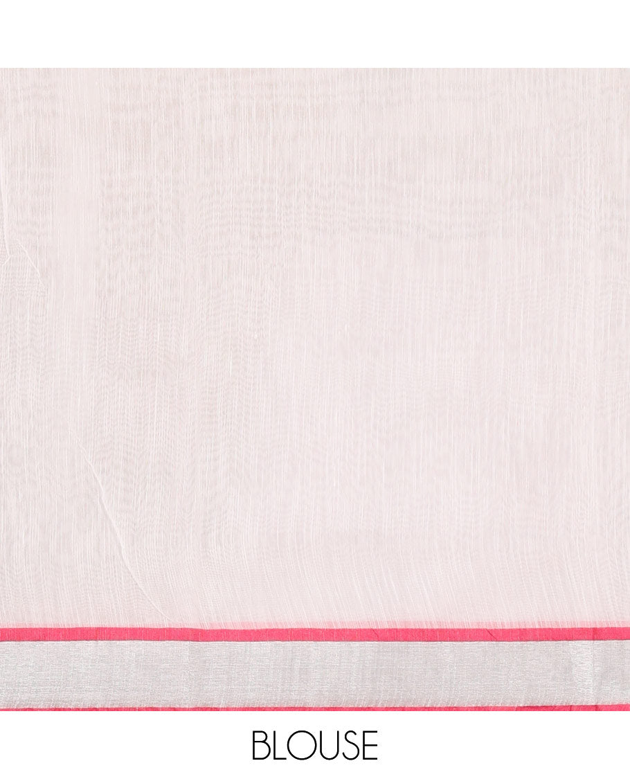 White-pink flying bird motifs printed linen saree, silver bavanji border, printed pallu & plain blouse