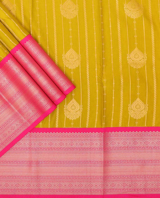 Mustard striped floral design art silk pavadai material with contrast traditional zari design border & zari design blouse