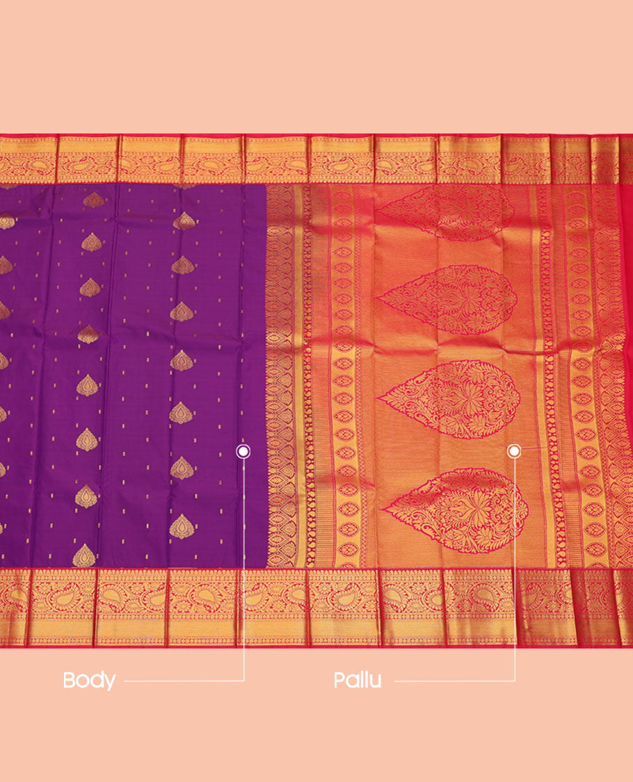 Purple Budget Silk Saree, Spotlighted with Zari Buttas, Complemented by a Contrast Traditional Zari Border, Intricately Designed Pallu, and a Contrast Blouse