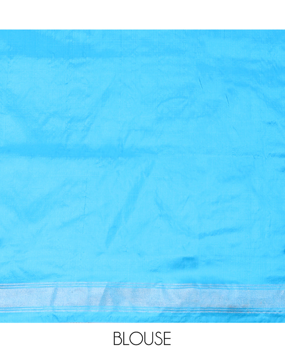 Mustard Ikkat Silk Saree, Masterfully Woven with Ikkat Buttas All Over Its Body, Complemented by a Contrast Diamond-Patterned Border, Pallu of Ikkat Butta Enclosed Checks, and Paired with a Contrast Blouse