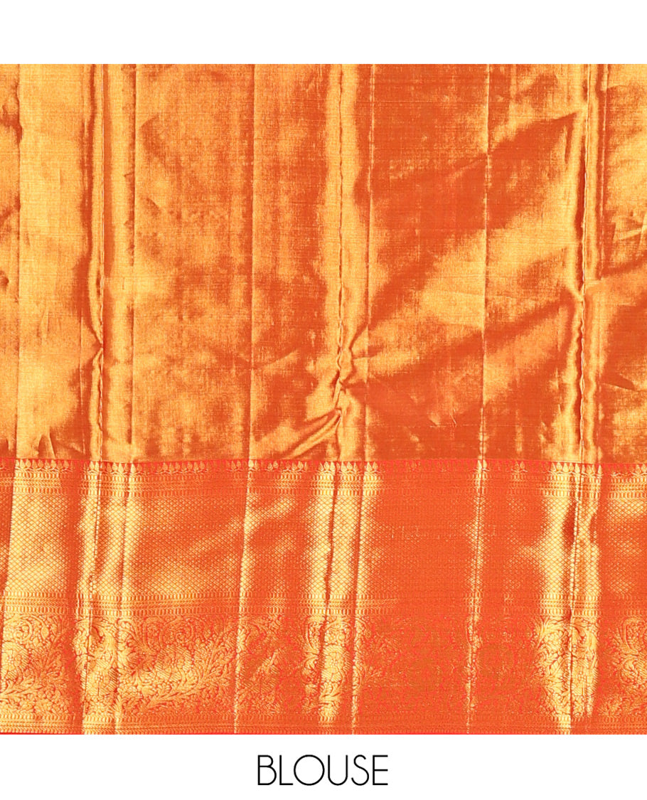 Red Kanchipuram Tissue Silk Saree, Richly Detailed with Floral Jaal Jacquard Design On Its Body, Highlighted by Zari Border of Thilakam Mokku, Muthu, Mayil Kann, and Kodi Visiry Designs, Grand Jaal Pallu, and Paired with a Matching Blouse