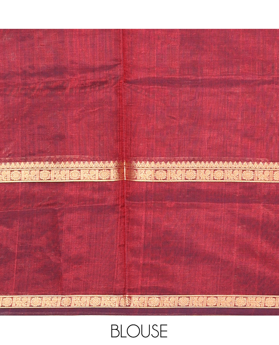 Maroon Buttas-Checks Kuppadam Silk Saree, a Contrast Double-Pet Peacock-Chakra Border, a Matching Blouse