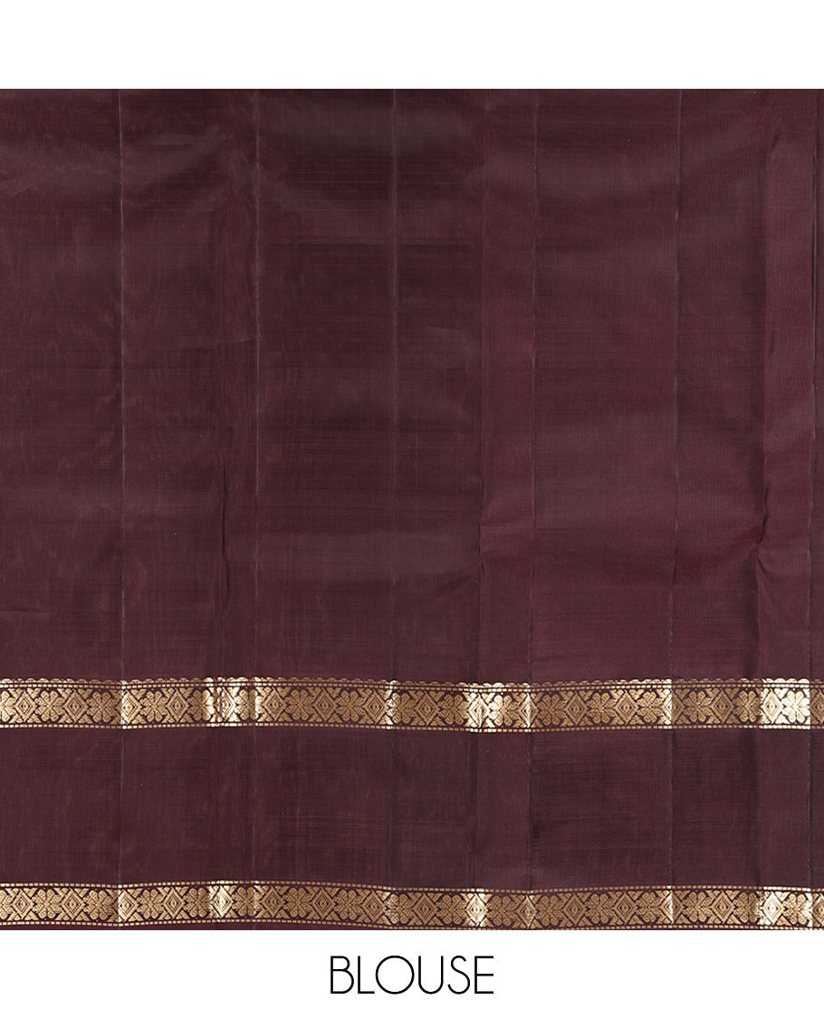 Peach Checked Kanchipuram Silk Saree, Complemented by a Contrast Rettai Pettu Traditional Border, Gleaming Pallu, and a Contrast Blouse
