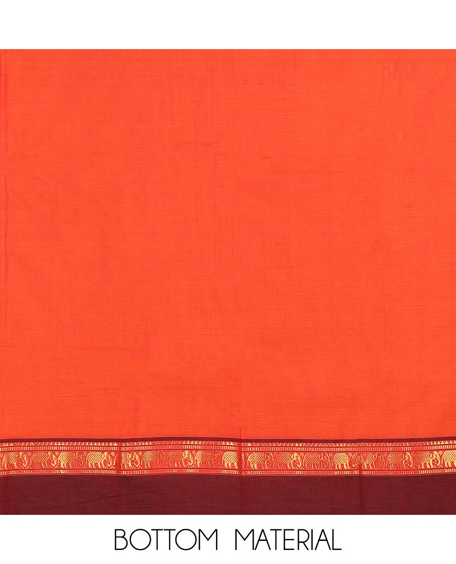 Orange Plain Mercerised Cotton Material Churidar Set, Complemented by Contrast Elephant Motifs Woven Zari Border, Comes with a Plain Mercerised Cotton Bottom, and Is Paired with a Matching Mercerised Cotton Dupatta Mirroring the Same Design
