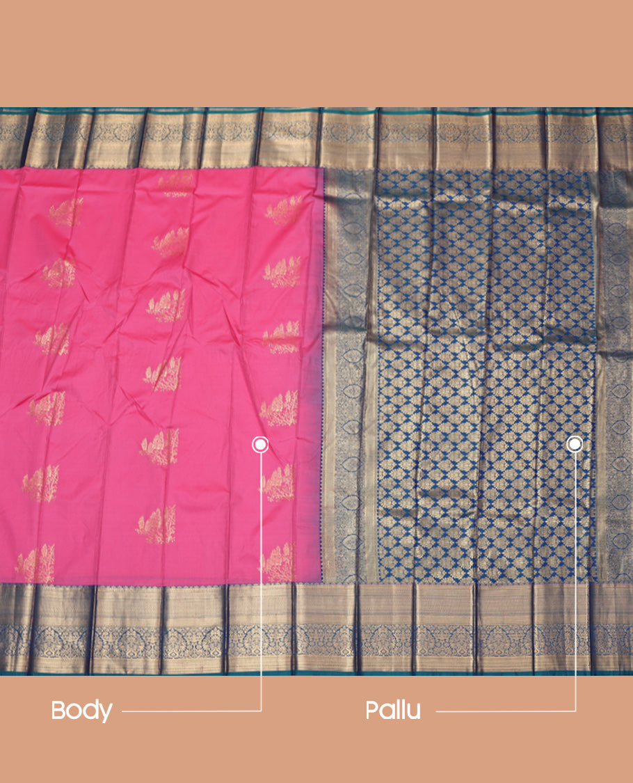 Pink Budget Silk Saree, Bedecked with Zari Buttas, Complemented by Contrast Traditional Zari Border, Grand Pallu and a Contrast Blouse