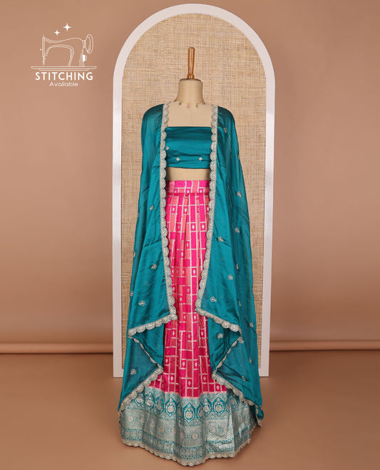 Dark pink geometric design banaras half saree with contrast intricate zari design border, embroidered blouse & floral embroidery dhavani