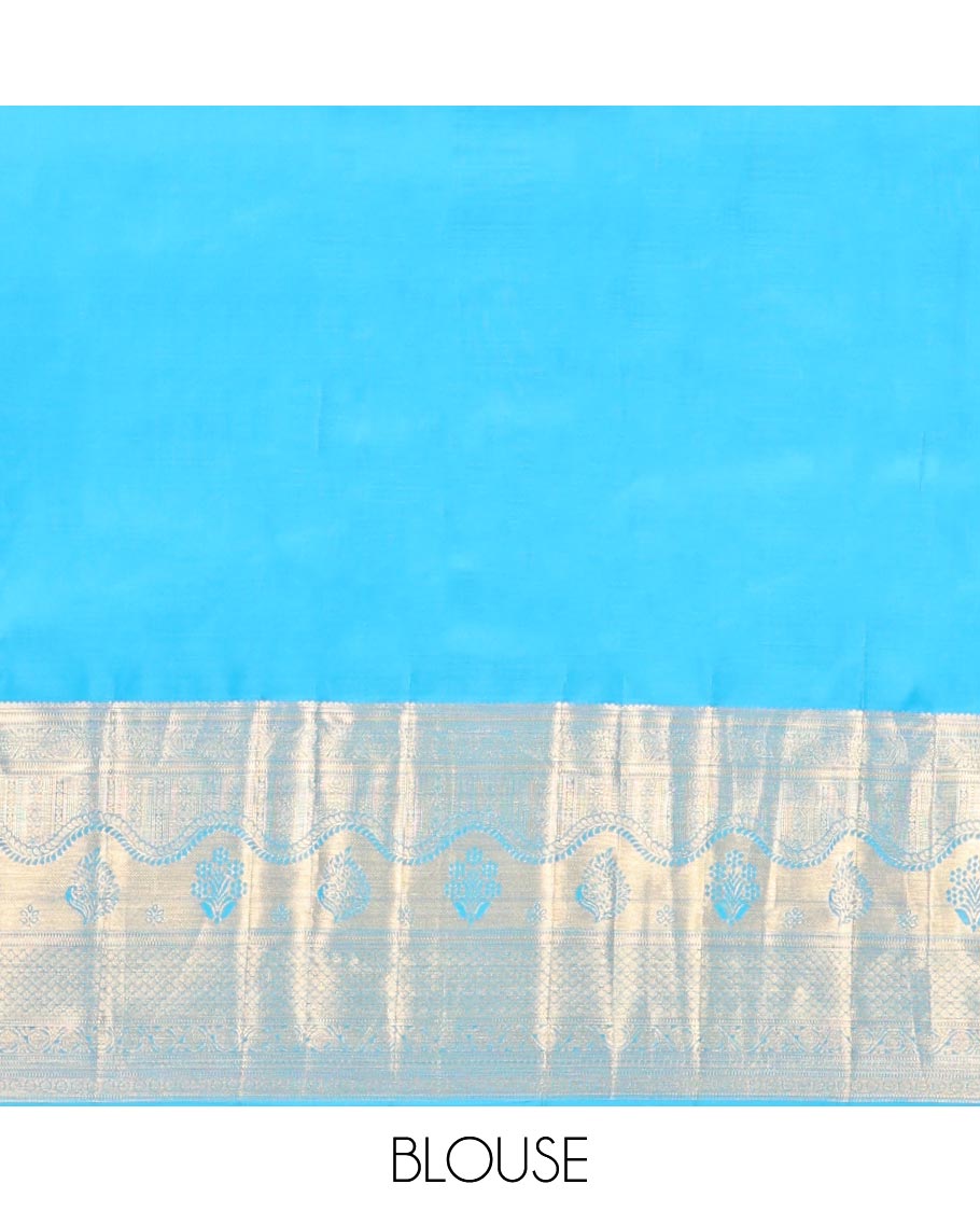 Blue Kanchipuram Wedding Silk Saree, Prettified with Jacquard Designs on Its Body, Highlighted by a Zari Border of Geometric Designs, Grand Jaal Patterned Pallu, and Paired with a Matching Blouse