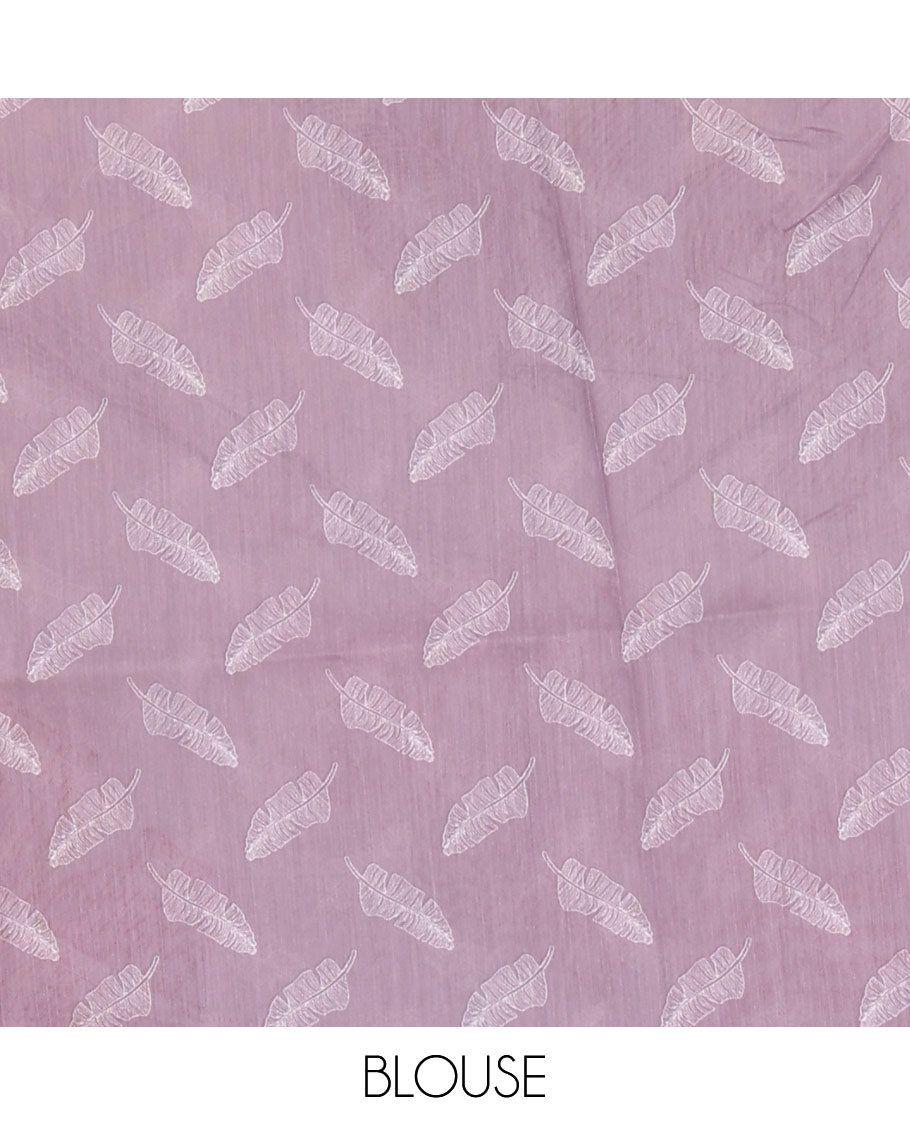 Borderless white big banana leaf motifs printed chanderi cotton saree, printed pallu, and contrast printed blouse