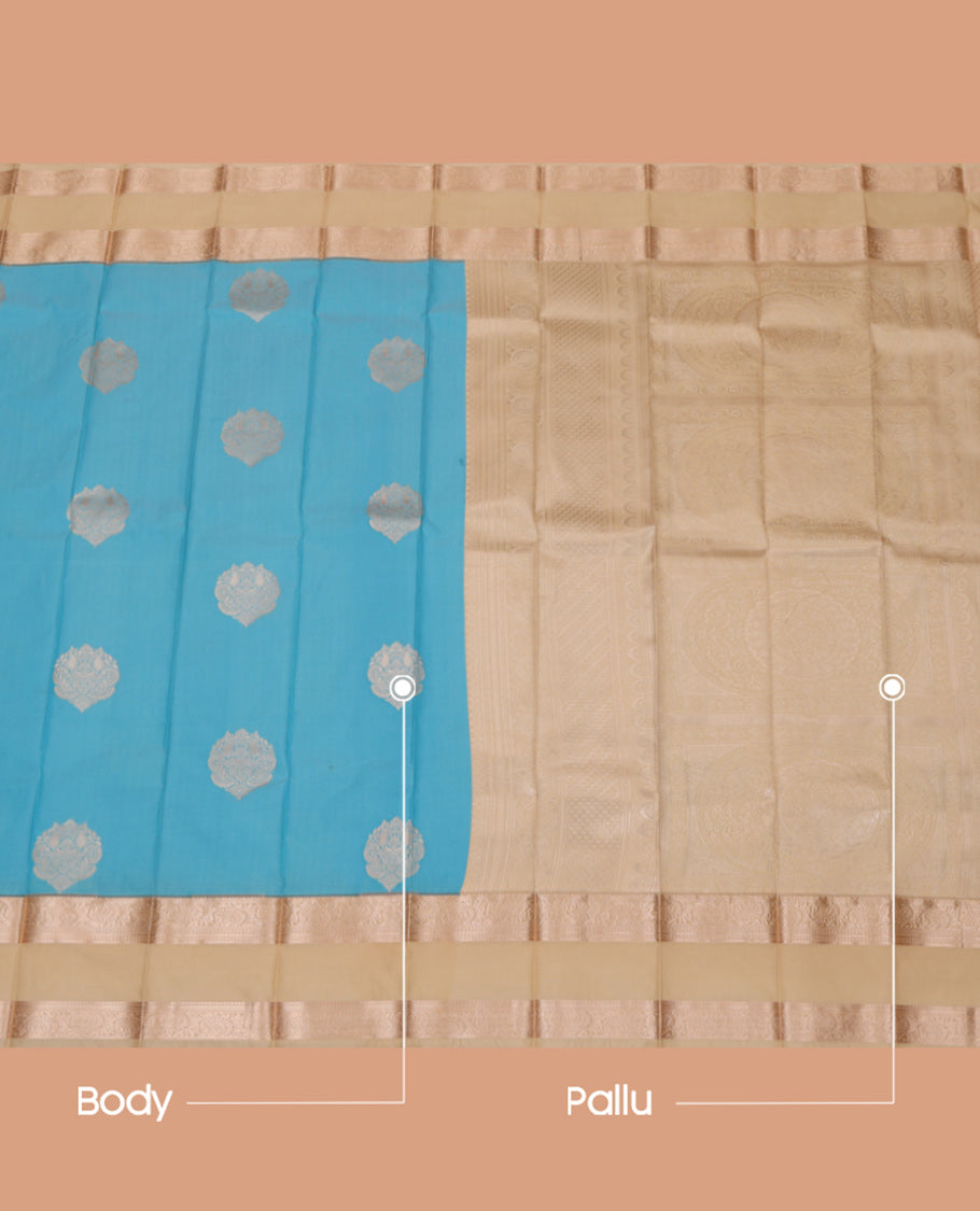 Blue Budget Silk Saree, Delicately Woven with Zari Buttas, a Contrast Traditional Rettai Pettu Border, Grand Pallu, and a Contrast Blouse