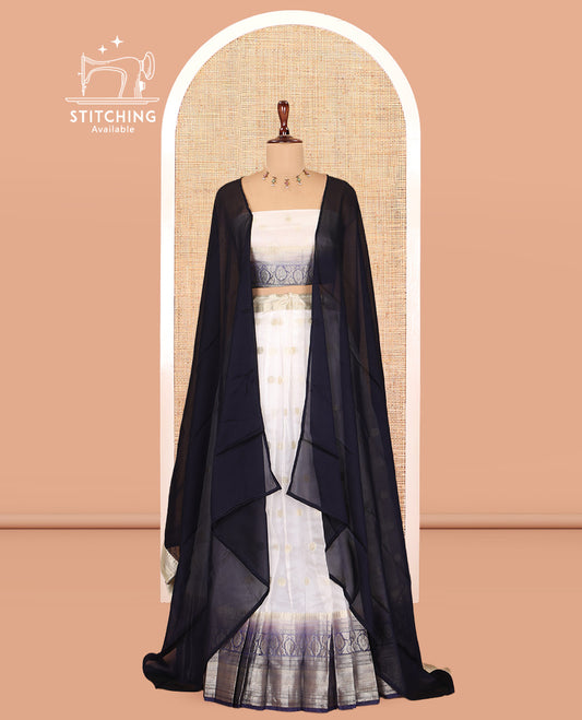 Cream-Blue Organza Half-Saree Features Zari Buttas Skirt, Contrast Traditional Border, Matching Blouse, Contrast Dhavani