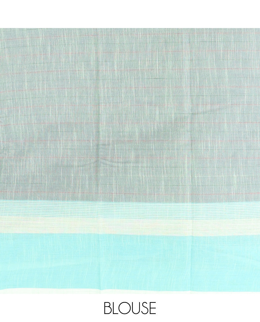 Grey Striped Andhra Cotton Saree, Complemented by a Contrast Border, Striped Pallu, and a Matching Blouse