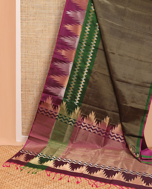 Green mayuri soft silk saree with contrast temple border & striped pallu